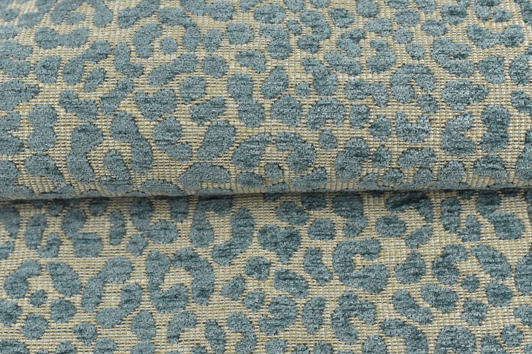 Designer Heavy Weight Linen Blend Cream Blue Chenille Leopard Jacquard Textured Upholstery Fabric|Animal Skin Geometric Woven Decor Fabric