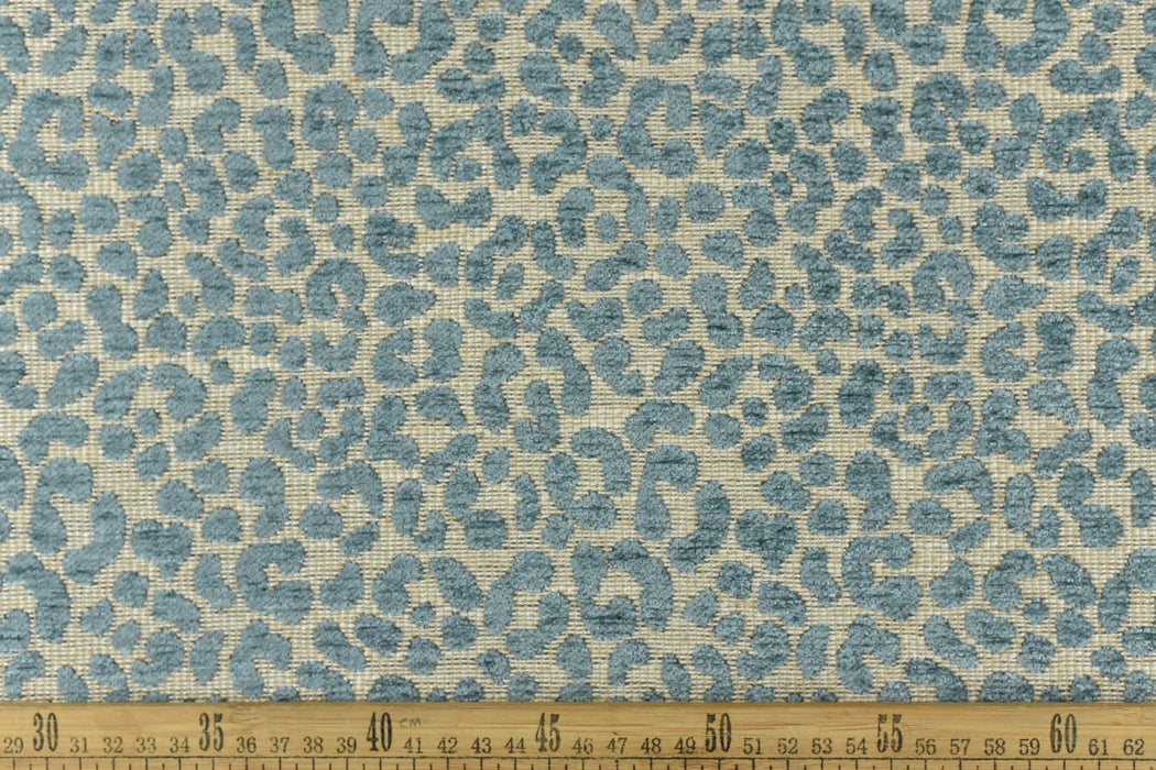 Designer Heavy Weight Linen Blend Cream Blue Chenille Leopard Jacquard Textured Upholstery Fabric|Animal Skin Geometric Woven Decor Fabric Blue