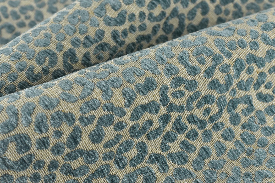 Designer Heavy Weight Linen Blend Cream Blue Chenille Leopard Jacquard Textured Upholstery Fabric|Animal Skin Geometric Woven Decor Fabric