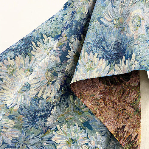 Monet's Painting Garden Oil Painting Wind Sunflower Jacquard Fabric Handmade DIY Bag Skirt Fashion Designer Fabric BLUE