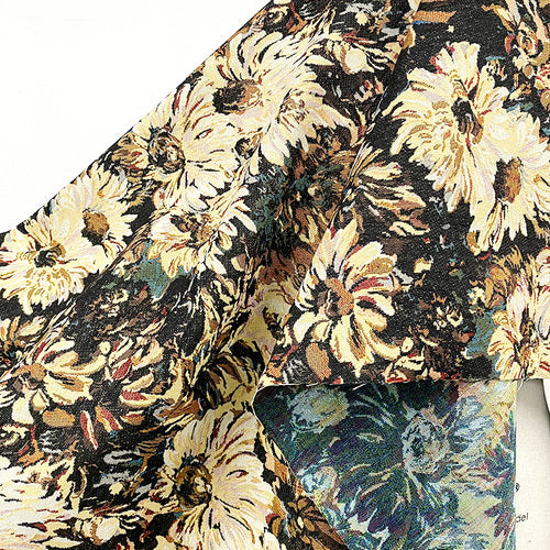 Monet's Painting Garden Oil Painting Wind Sunflower Jacquard Fabric Handmade DIY Bag Skirt Fashion Designer Fabric BLACK