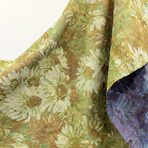 Monet's Painting Garden Oil Painting Wind Sunflower Jacquard Fabric Handmade DIY Bag Skirt Fashion Designer Fabric GREEN