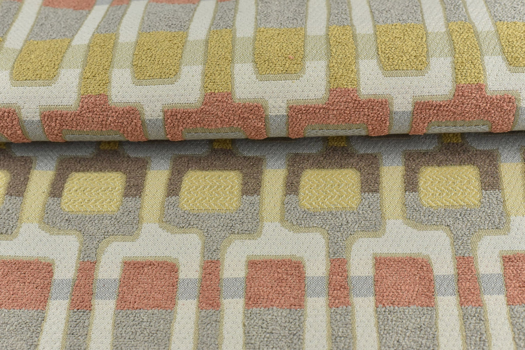 New Rainbow Boucle Jacquard Woven Geometric Upholstery Fabric|Geometric Art Design Fabric In Coral Cream Grey Furnishing Fabric