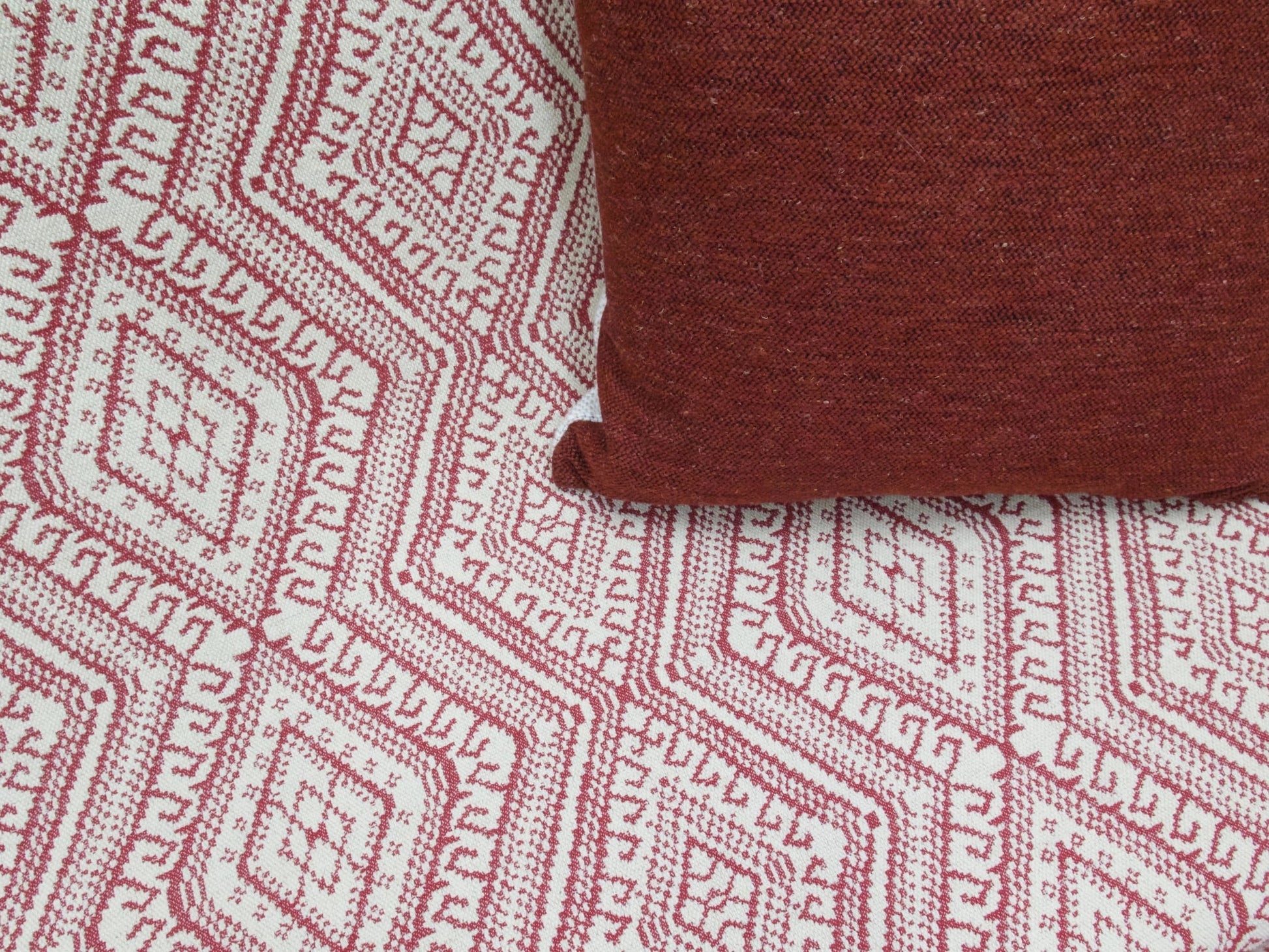 Brick Red Cotton Ethnic Upholstery Fabric|Antique Farmhouse Fabric For Chair,Sofa,Couch|Easter Diamond Pattern Upholstery Fabric