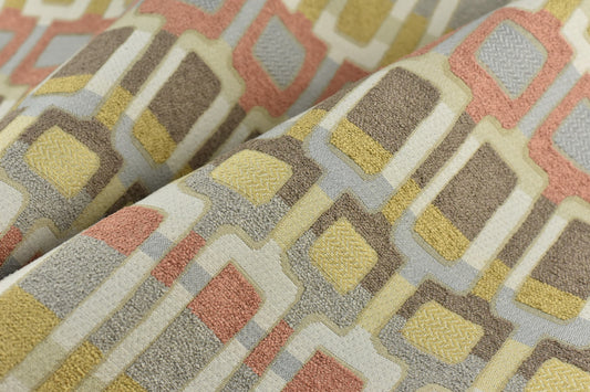 New Rainbow Boucle Jacquard Woven Geometric Upholstery Fabric|Geometric Art Design Fabric In Coral Cream Grey Furnishing Fabric